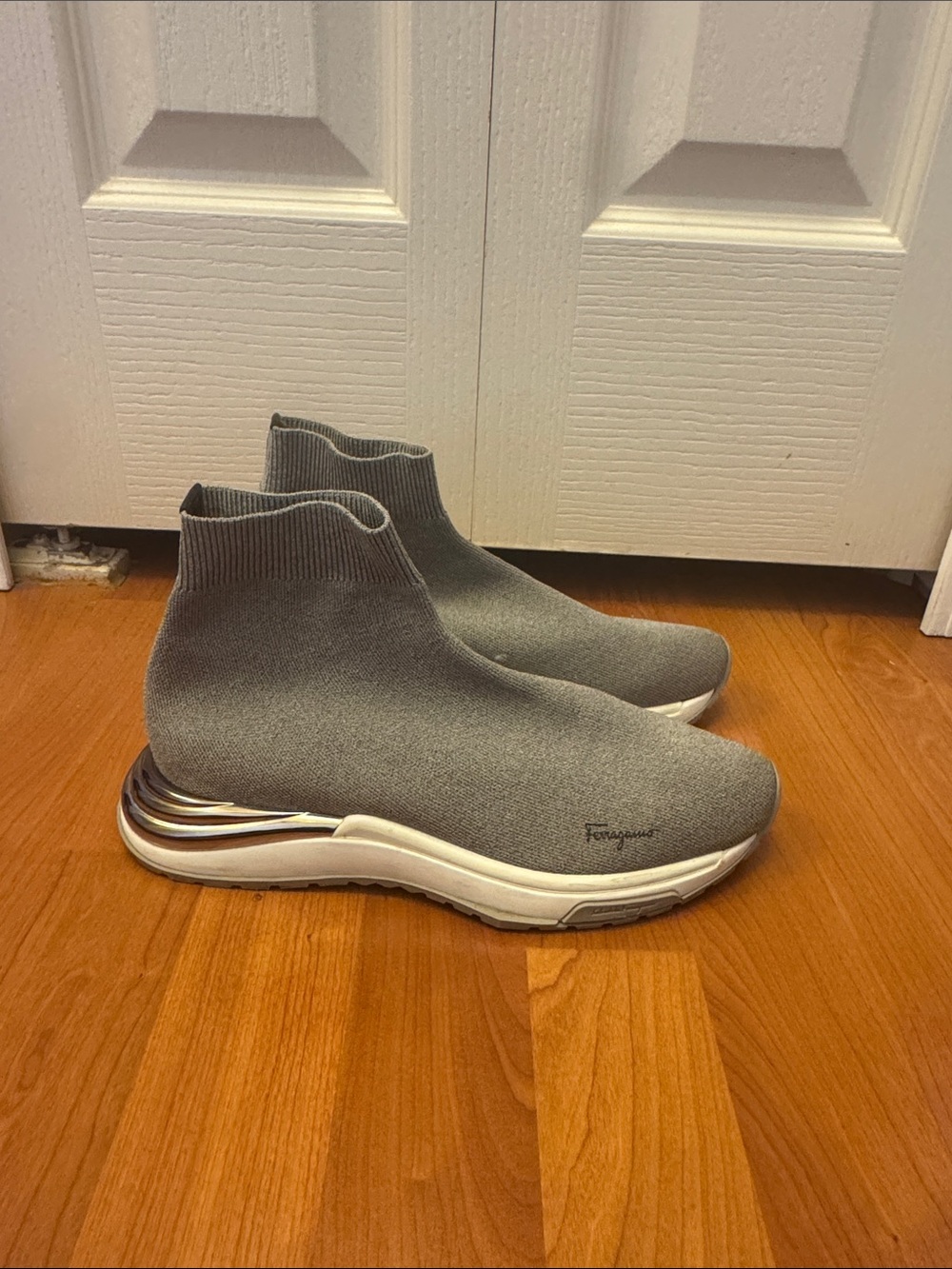 Salvatore Ferragamo Gray Knit Sock Sneakers with Metallic Heel Accent